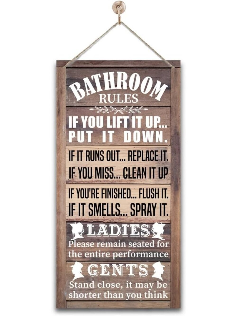 Funny Bathroom Rules Sign - Rustic Bathroom Decor for Farmhouse, Western & Count